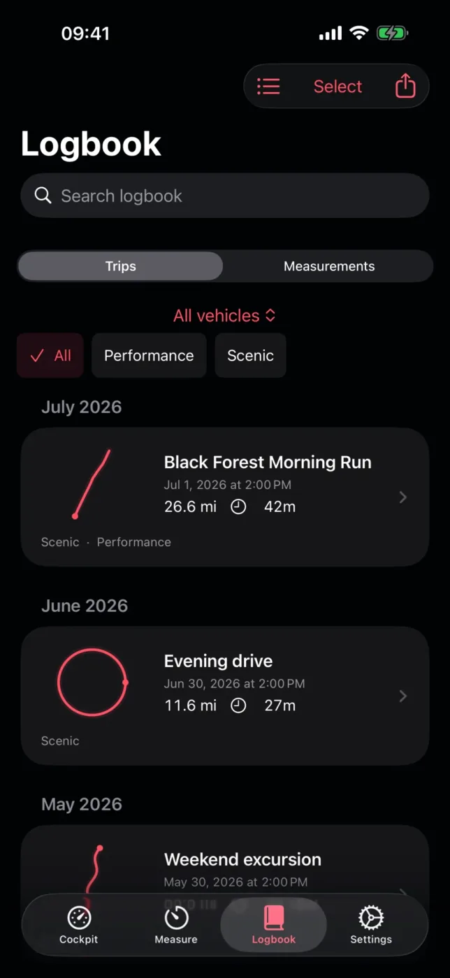 Drive Moments logbook showing saved drives